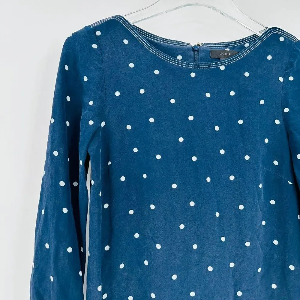 J. Crew Size 00 Navy Blue & White Polka Dot 100% Silk 3/4 Sleeve Shift Dress